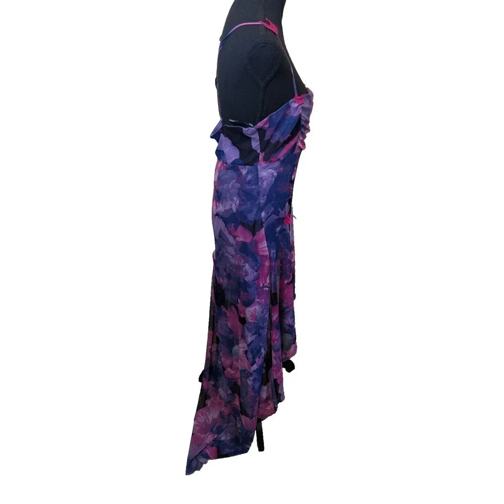 Forever 21 Women's Dress Asymmetric Floral Y2K Fairy Butterfly Ruched Size Large